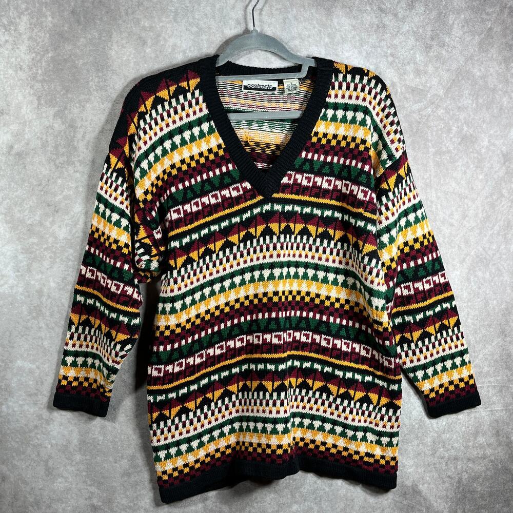 Contrasts Sweater Womens Small Multicolor Knit Geometric Old Money Grandma Geek